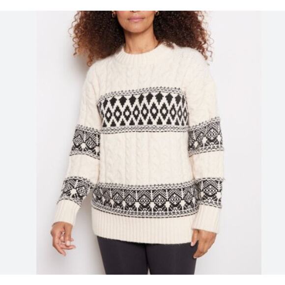 Line and Dot Montana Faire Isle Sweater Medium Chunky Knit Oversized Cream Black - Picture 4 of 8